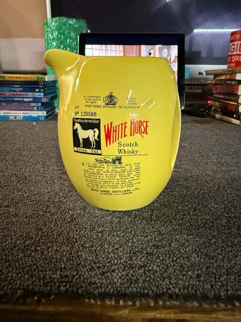 Vintage White Horse Scotch Whisky Yellow Advertising Ceramic Pitcher Pub Jug